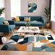 Handcrafted Geometric Blue Mustard Living Room Rug